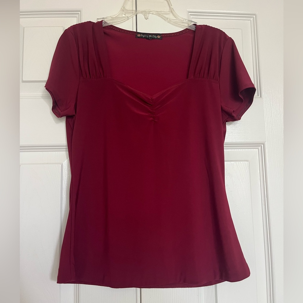 Fitted Red Blouse – Scoop Neck with Draped Detail